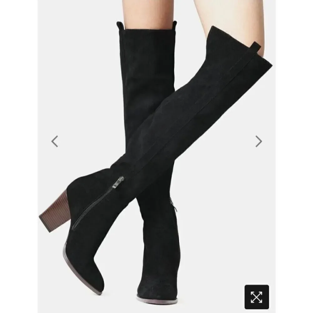 Shoe'N Tale Boots Women Black Faux‎ Suede Chunky Heel Over The Knee Thigh High
